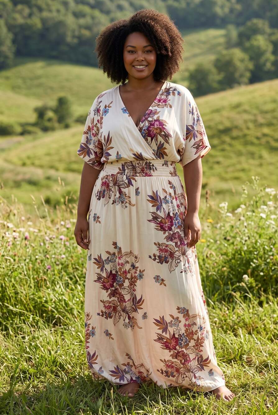 ODDI Floral Print Surplice Maxi Dress with Kimono Sleeves and Smocked Waist